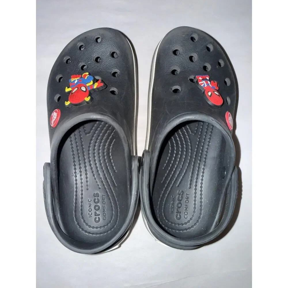 Crocs black youth size 12 with Spider-Man croc charms jibbits